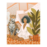 House Guest | Modern Bohemian Black Woman | Urban Jungle Decor | Wild Cat Leopard Pet | Plant Lady (Print Only)