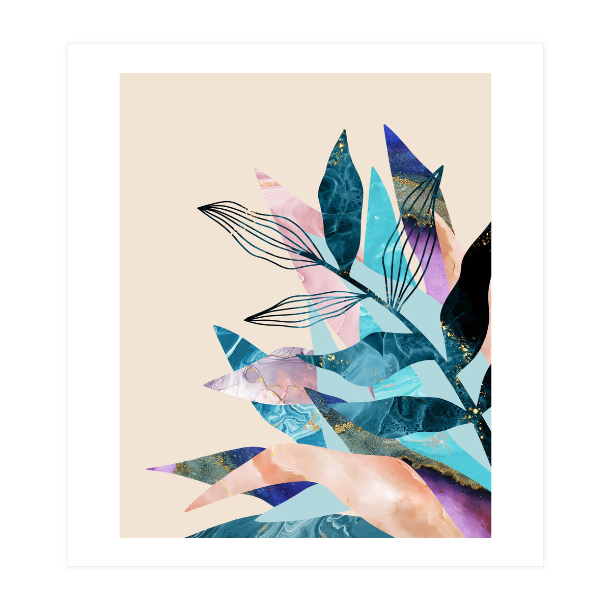 Marble Fantasy, Luxe Abstract Texture Botanical Concept, Eclectic Graphic Design Bohemian Contemporary (Print Only)