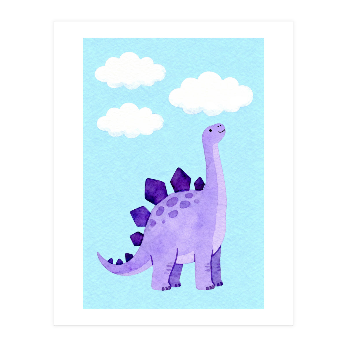 Purple Stegosaurus Watercolor Art, Cute Dinosaur Nursery Print, Dino and Clouds Illustration (Print Only)