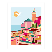 Crimson Rouge, Colorful Architecture Buildings, Greece Cityscape Skyline, Seagull Travel Summer Eclectic Bohemian Pop Of Color Positivity (Print Only)