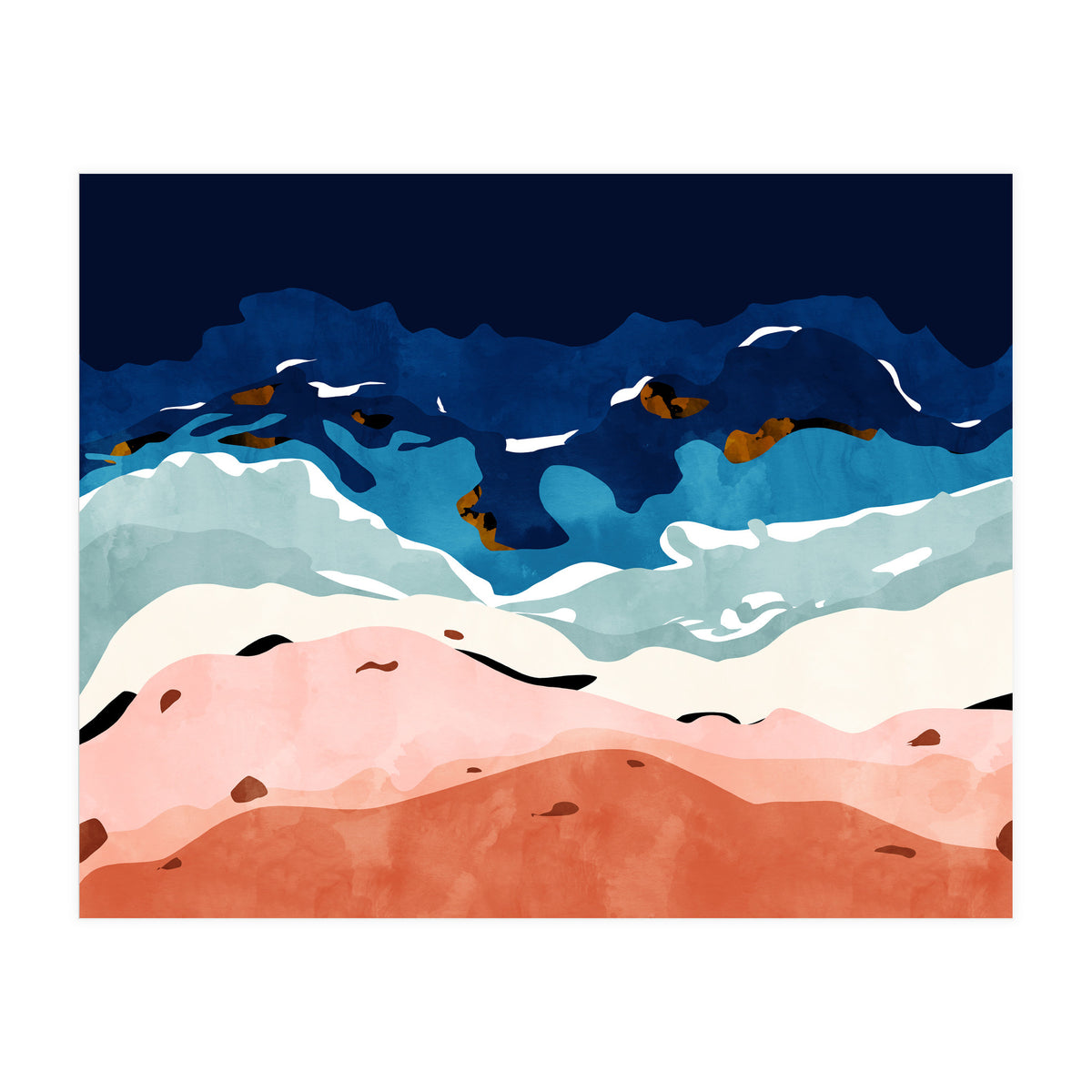 Ocean Heart, Abstract Sea Waves, Tropical Travel Watercolor Painting, Eclectic Bohemian Beach Nature (Print Only)