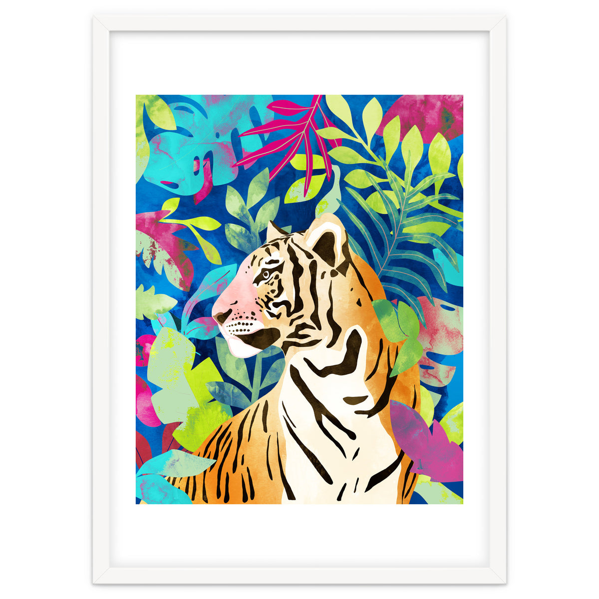 Tropical Tiger, Animal Jungle Watercolor Painting, Nature Travel Wild Botanical