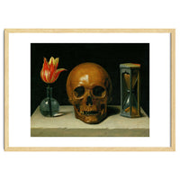 Vanitas, allegory of fleeting time with skull and hour-glass. Oil on canvas.