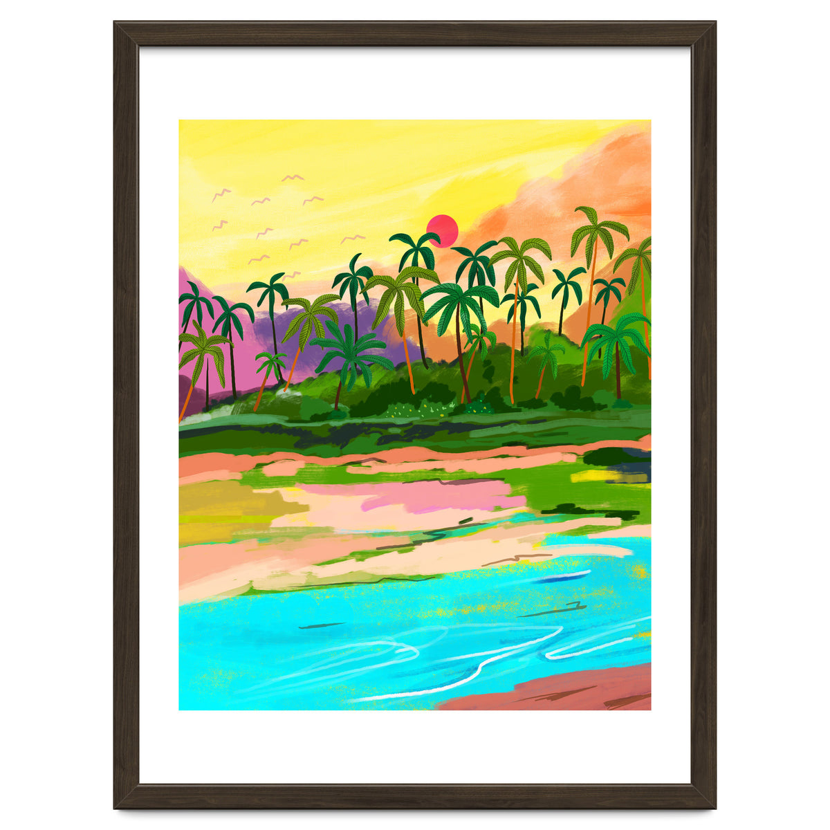 Tropical Backwaters Of Kerala, Nature Jungle Forest Landscape Painting, Dreamy Scenic Travel Lake Palm Bohemian