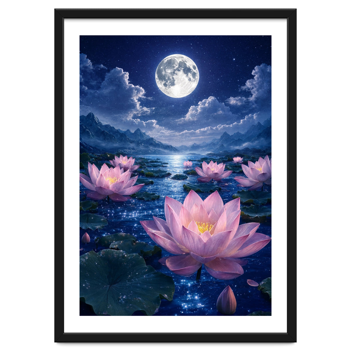 Moonlit Lotus Pond: Serene Nighttime Floral Landscape