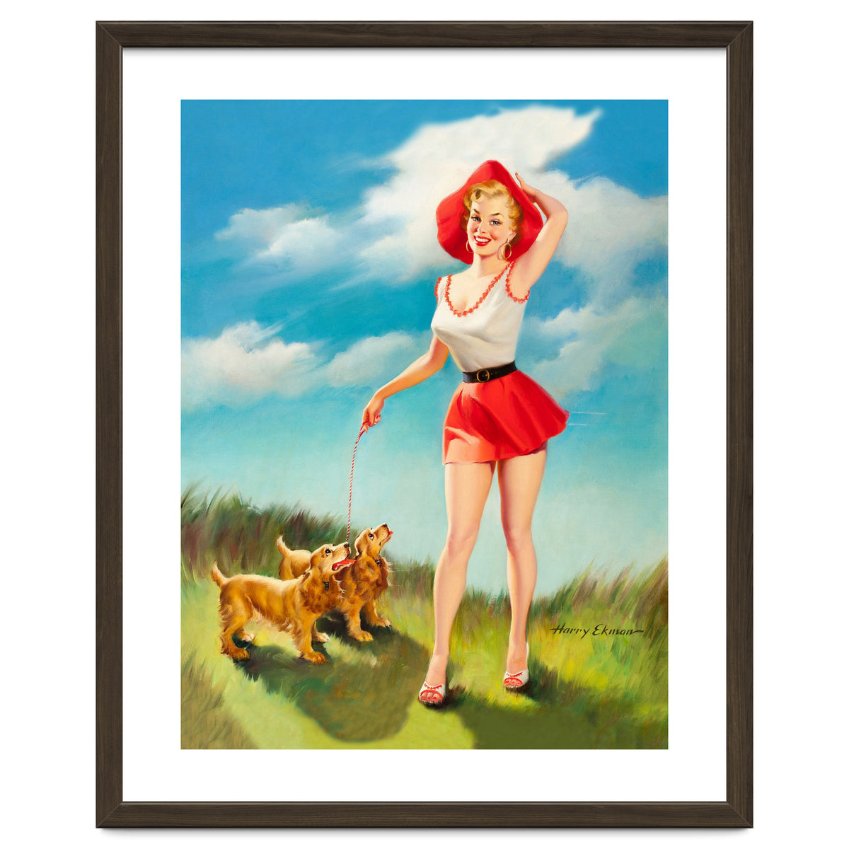 Pinup Girl In Little Red Dress And Two Dogs