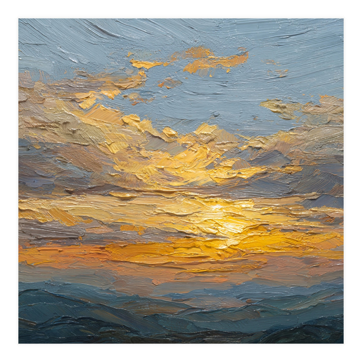 Atmospheric Golden Sunset Impasto Oil Painting Featuring Textured Clouds (Print Only)
