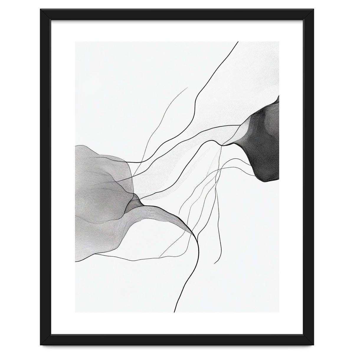 Abstract Black And White Flowing Lines And Shapes On White Background