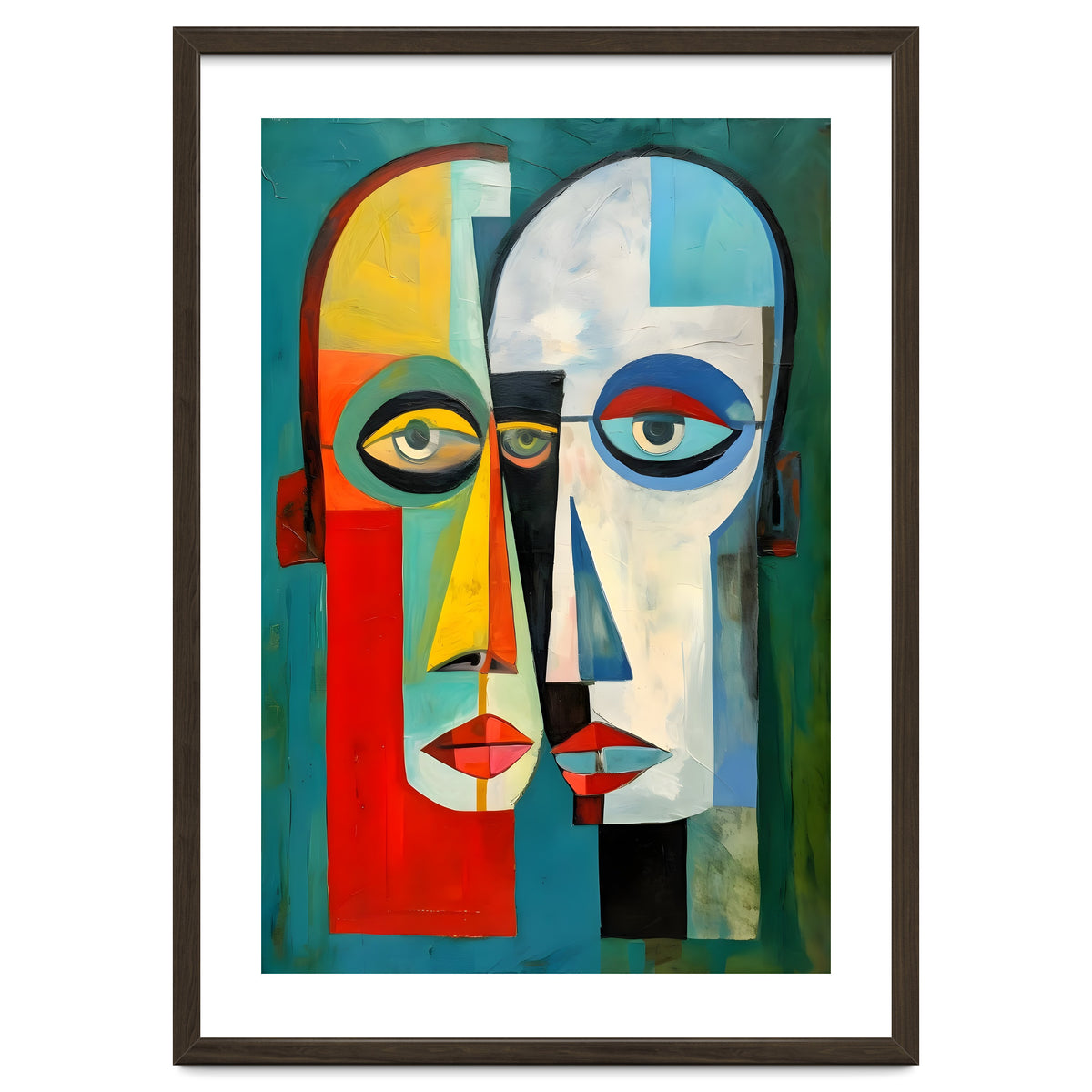 INSEPERABLE #02, Abstract robotic looking heads merged in bright vivid hues with emphasis on the eyes.