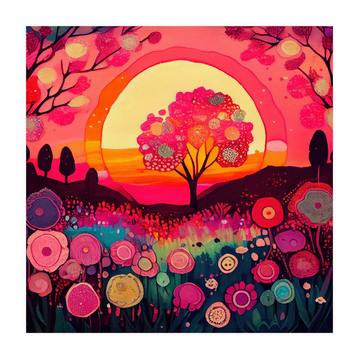Folk Sunset Blossoming Tree (Print Only)