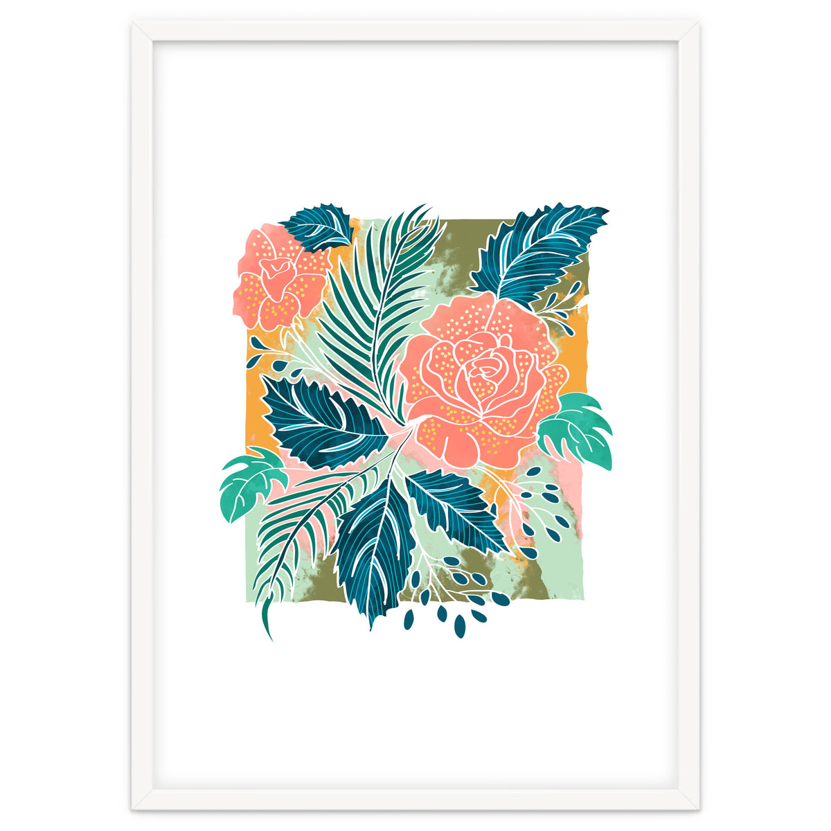 Framed Nature, Botanical Floral Rustic Bohemian, Garden Painting Tropical Illustration