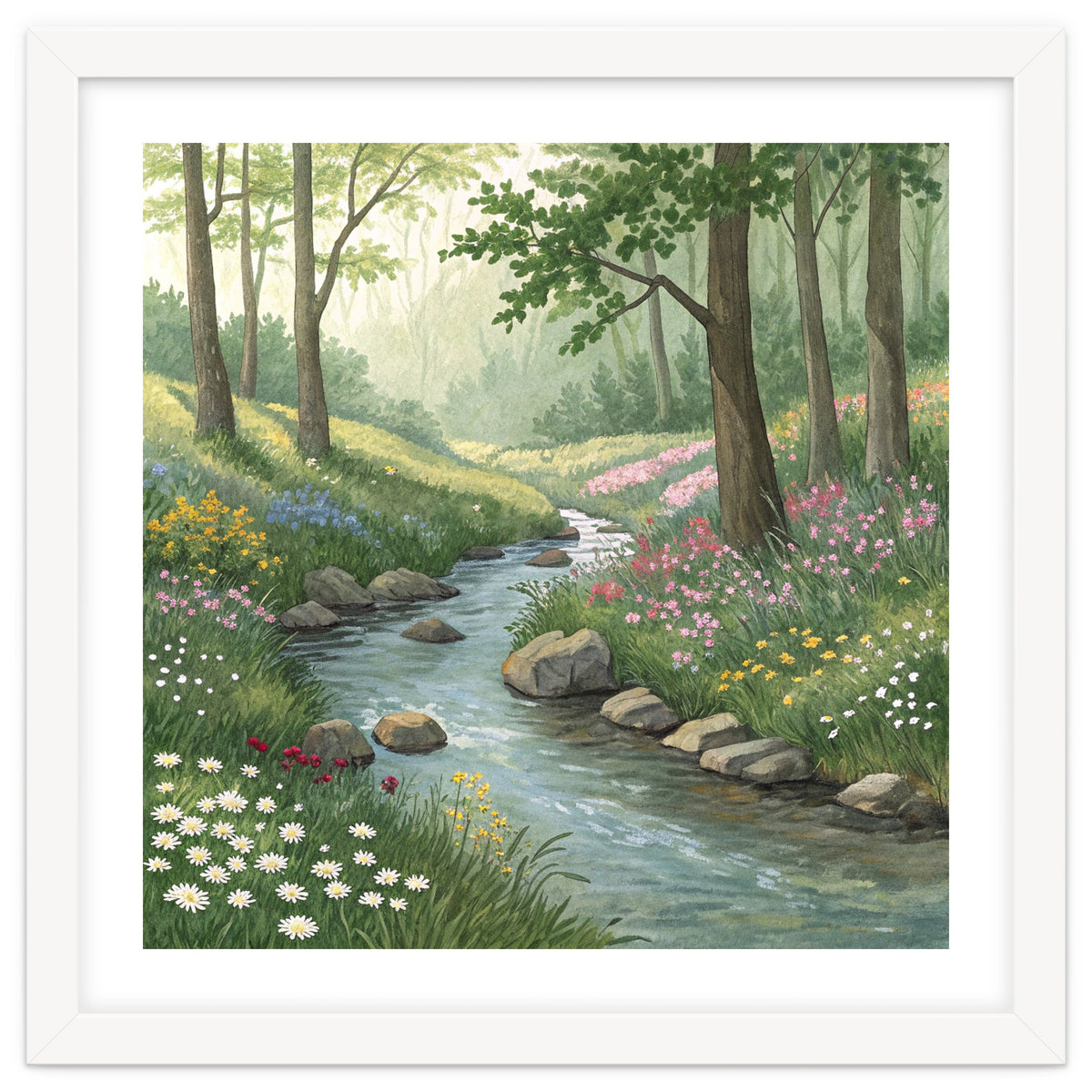 Vibrant Forest Stream Watercolor Painting
