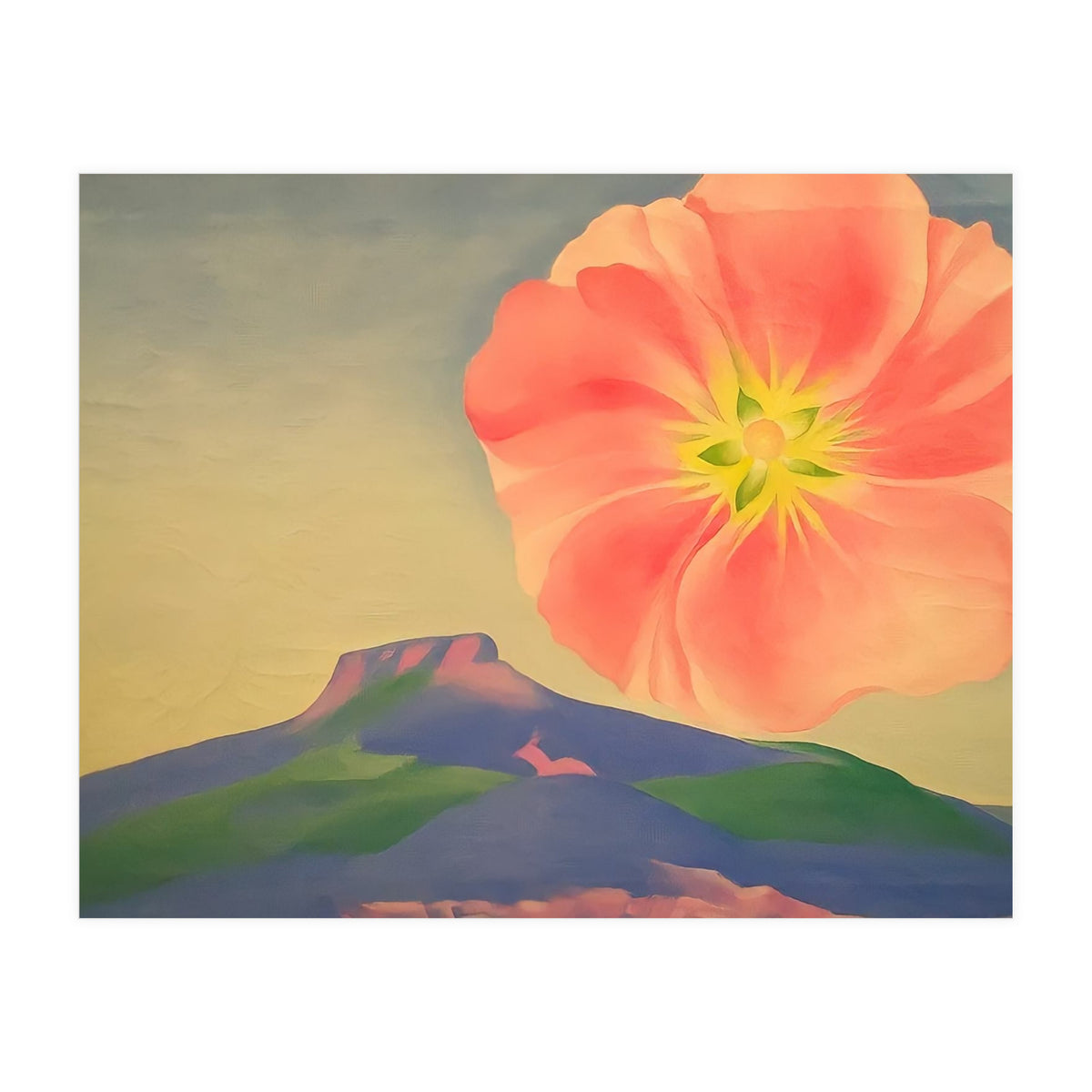 Georgia O’Keeffe – Hollyhock Pink with Pedernal (1937) | Vibrant Modernist Floral Landscape of New Mexico (Print Only)