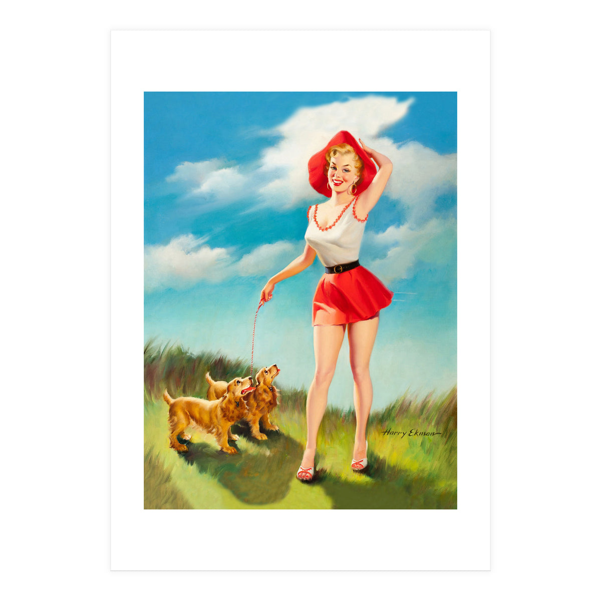 Pinup Girl In Little Red Dress And Two Dogs (Print Only)