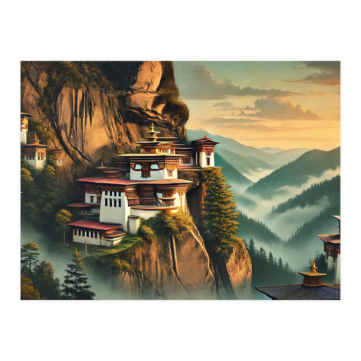 Vintage Bhutan, Mountain Monasteries Poster (Print Only)