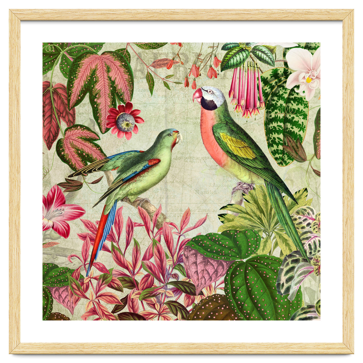 Exotic Lush Rainforest With Colorful Parrots And Flowers