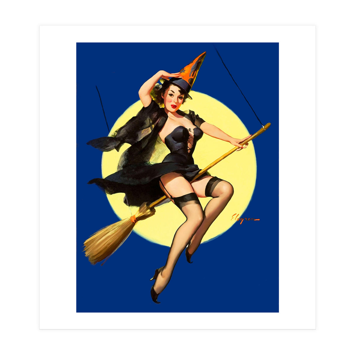 Pinup Sexy Witch Posing On A Broom (Print Only)