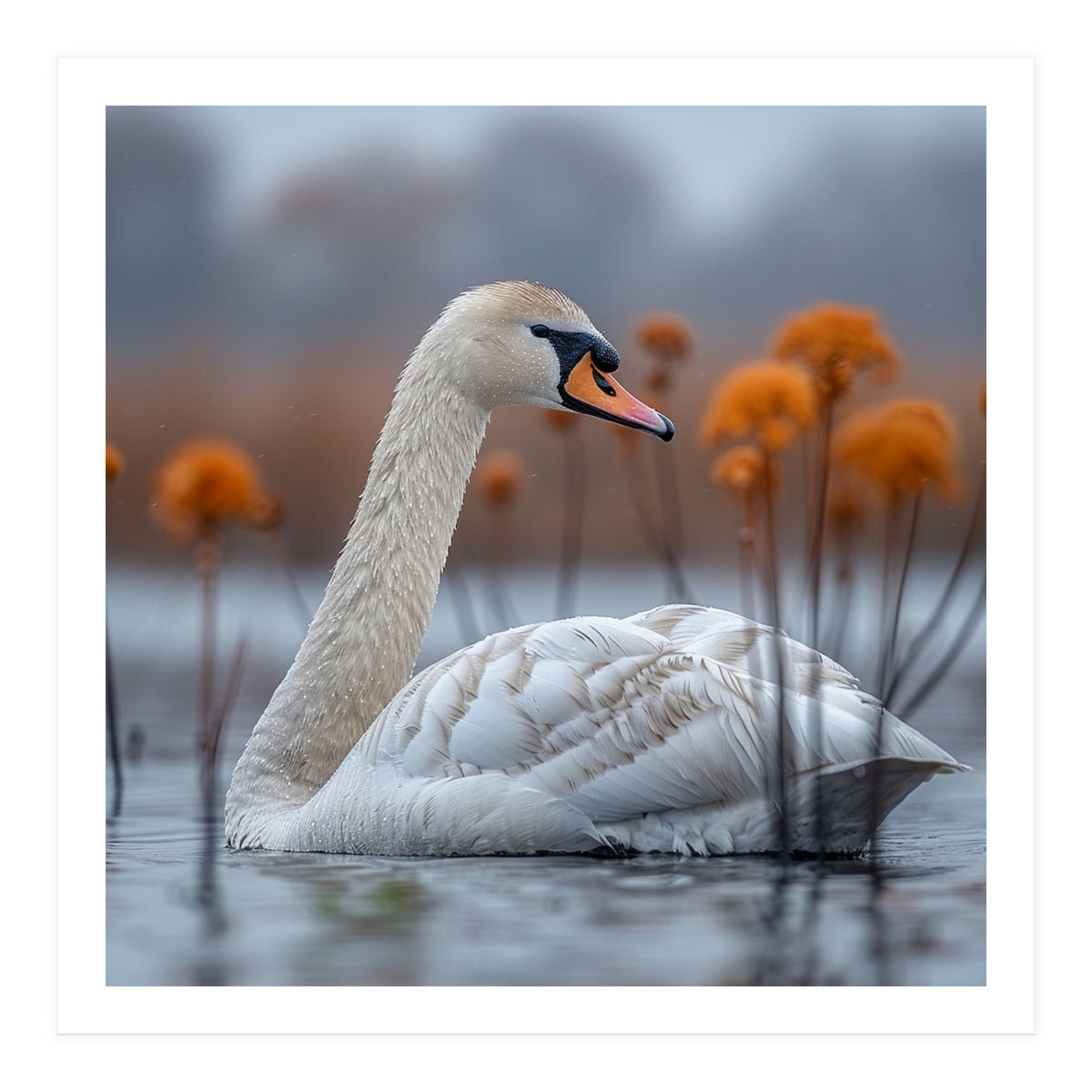 White Swan Swimming In A Lake With Reeds (Print Only)