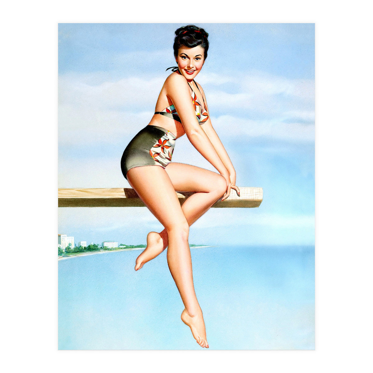 Smiling Sexy Pinup Girl Posing On A Board (Print Only)