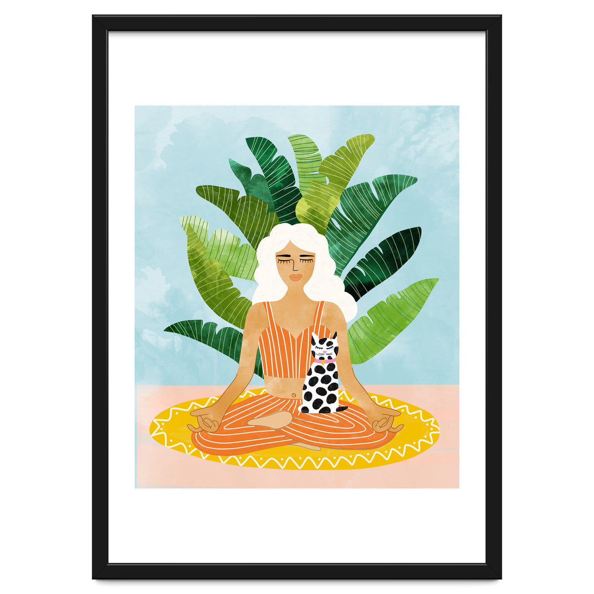 Meditation With Thy Cat Poster | Blonde Woman of Color | Tropical Banana Leaves Quirky Pet Workou