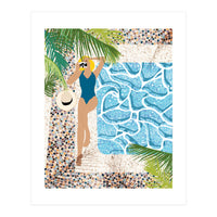 Click, Summer Travel Poolside Swim, Moroccan Tiles Staycation Vacation Holiday, Bohemian Woman Swimsuit Fashion Pose (Print Only)