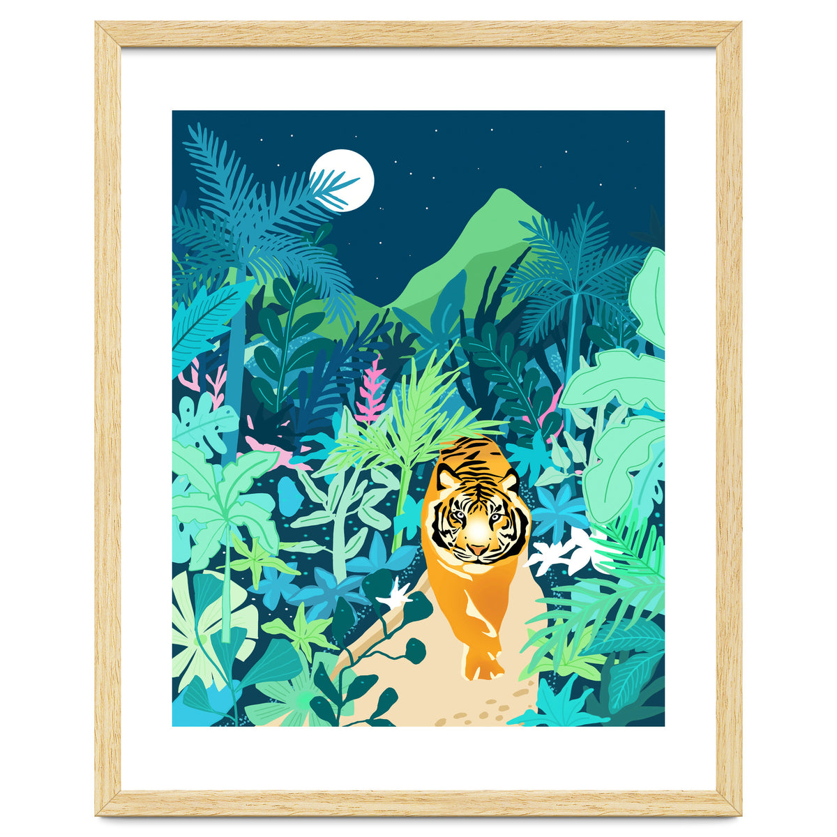 Tiger Walk, Bohemian Jungle Maximalist Nature, Botanical Forest Plants Moon Wild Animals