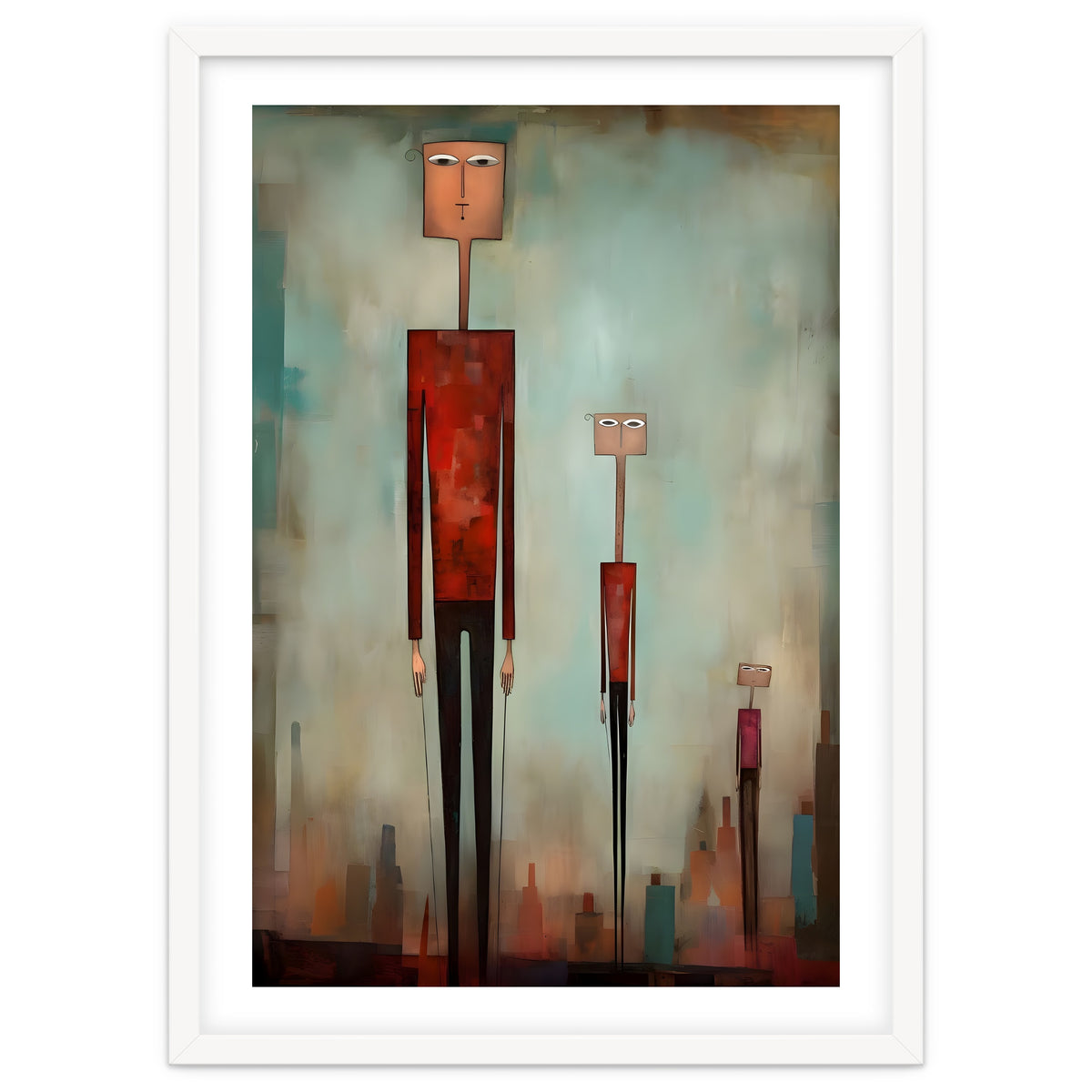 CITY HEIGHTS, three human-like forms of differing heights loom over the city below.