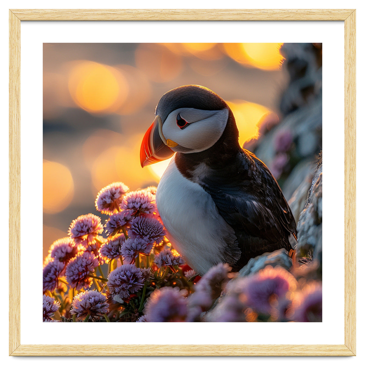Puffin Bird Amidst Purple Flowers Golden Hour