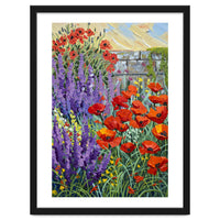Vibrant Summer Poppy and Lavender Garden Oil Painting
