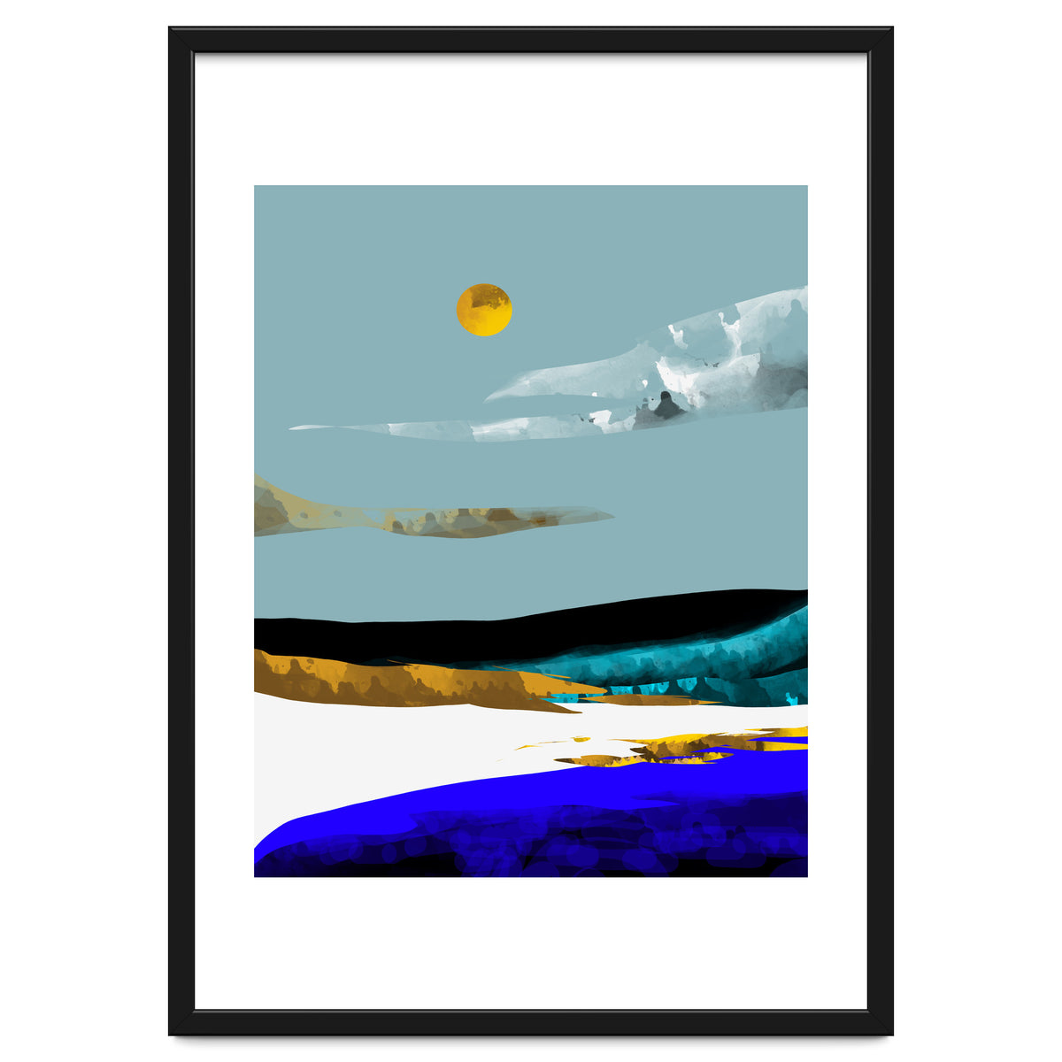 Duality & Intention, Abstract Nature Landscape Adventure Painting, Travel Mountains Sun Sky Scandinavian Clouds