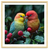 Lovebirds Perched Amidst Red Berries And Green Foliage thumbnail
