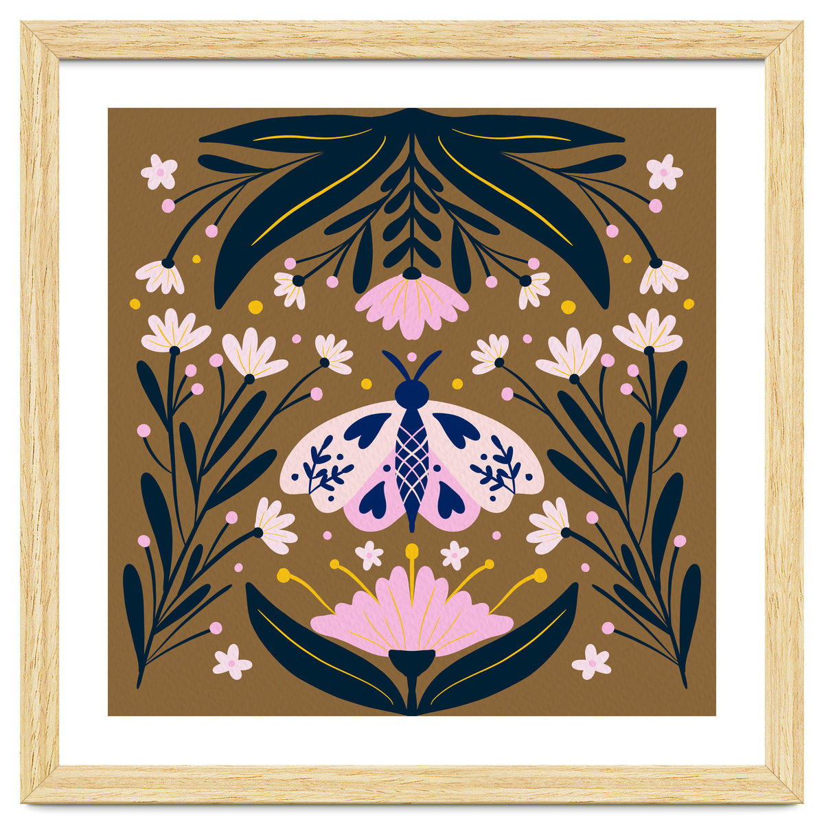 Pink Moth with Flowers on a brown background