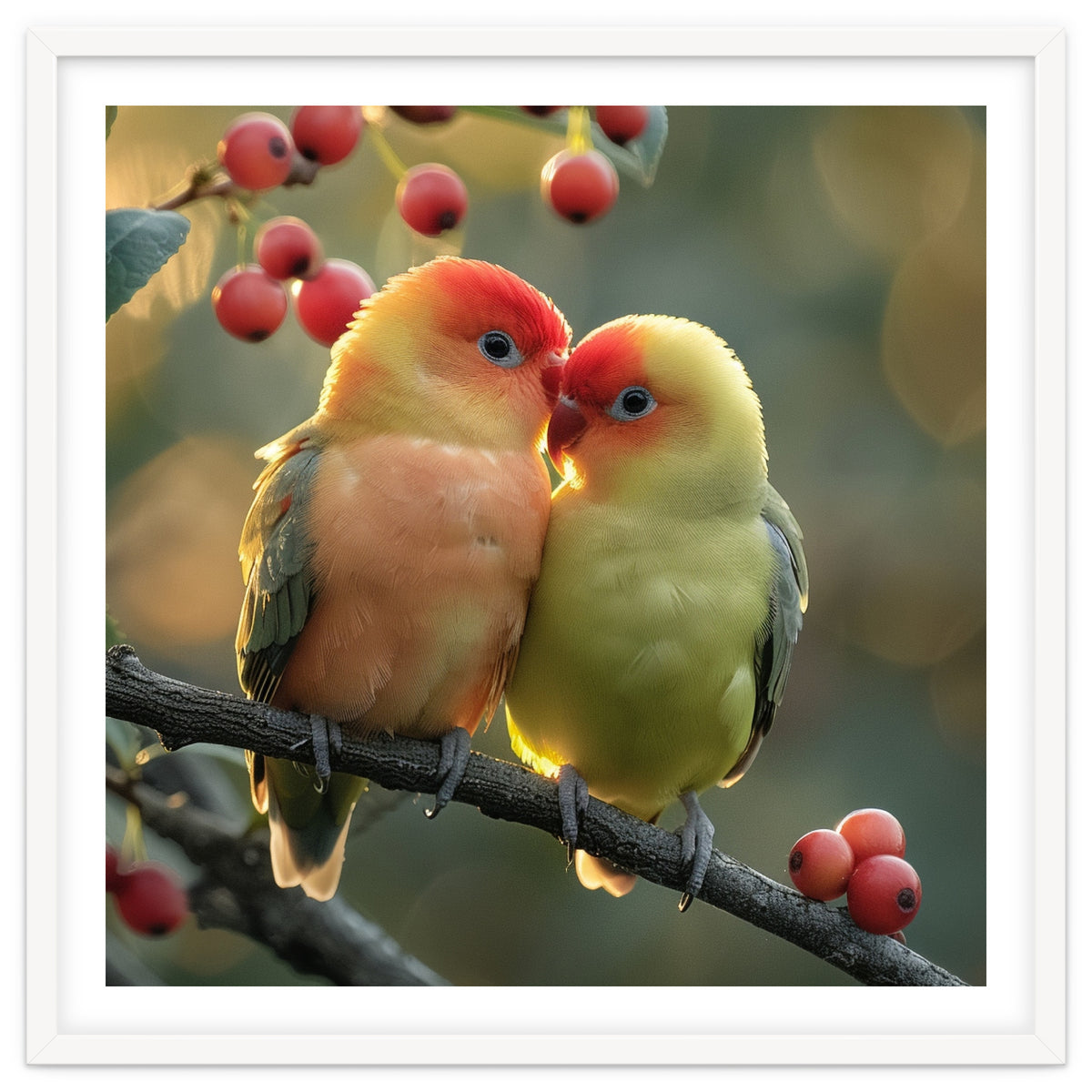 Two Lovebirds Sitting On A Branch