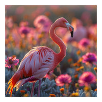 Pink Flamingo Standing In A Field Of Flowers (Print Only)
