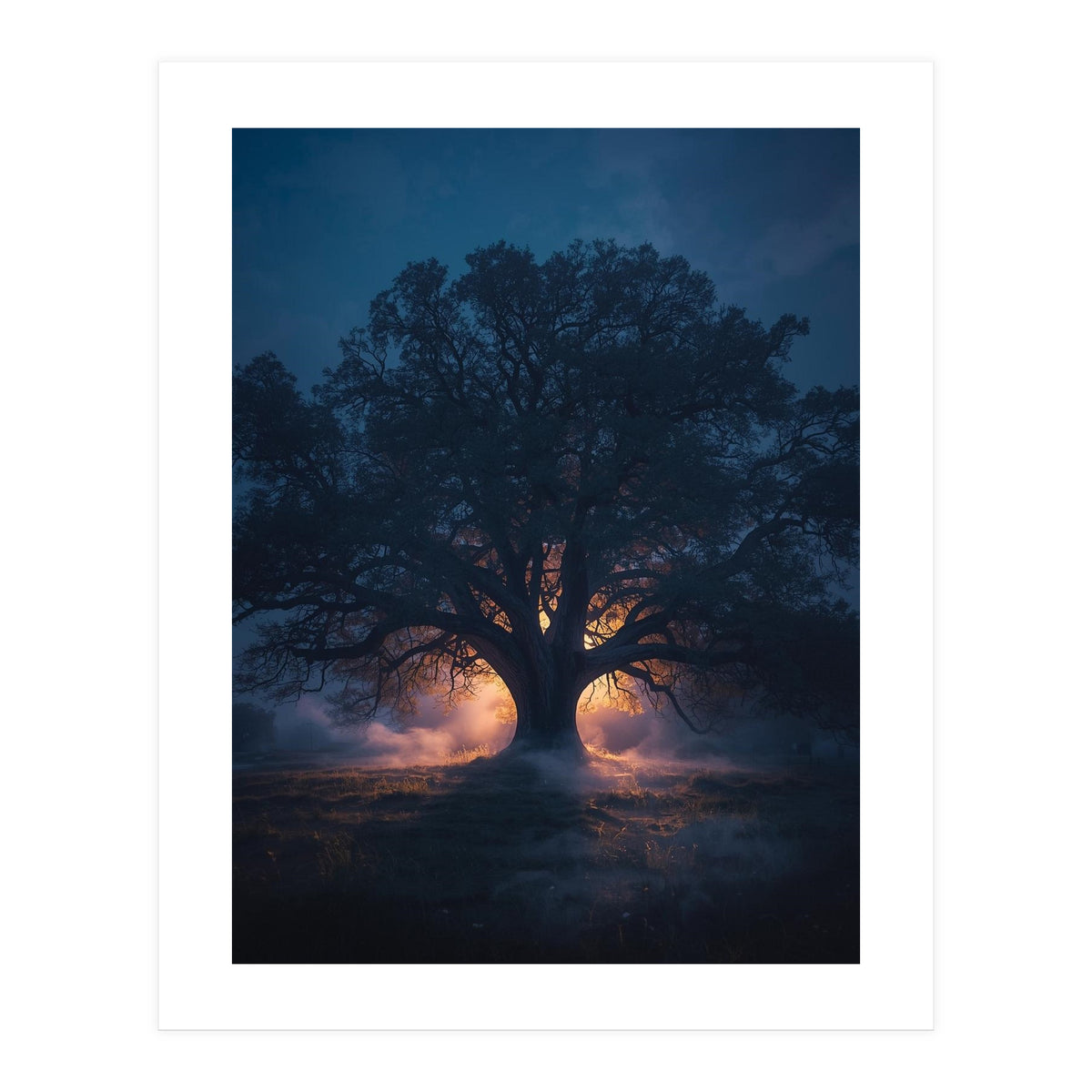 Ancient Mystical Oak Silhouette at Twilight with Ethereal Wisps (Print Only)