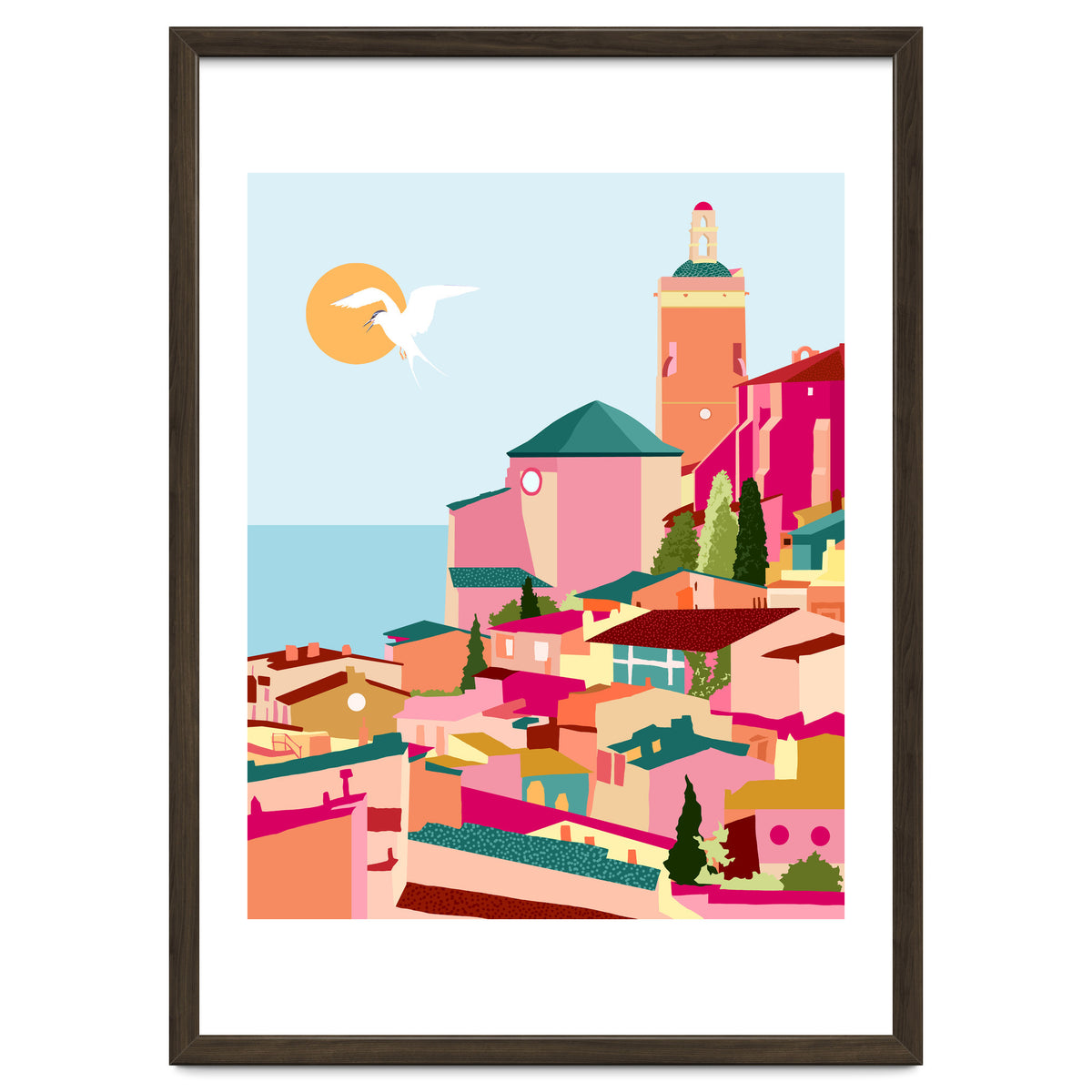 Crimson Rouge, Colorful Architecture Buildings, Greece Cityscape Skyline, Seagull Travel Summer Eclectic Bohemian Pop Of Color Positivity