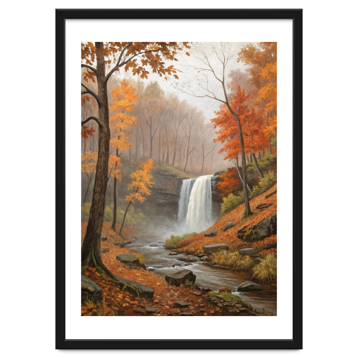 Serene Autumn Waterfall in Misty Forest