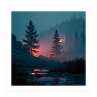 Atmospheric Twilight Pine Forest with Glowing Crimson Light (Print Only)