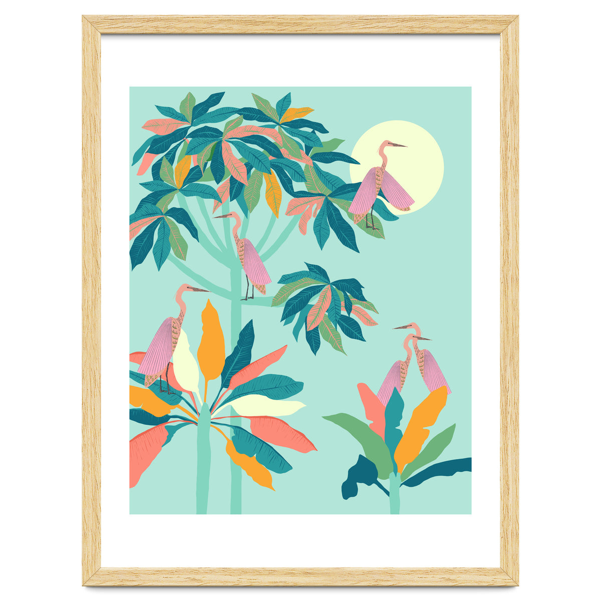 Drawn To The Moon, Stork Heron Flamingo Birds, Tropical Pastel Wildlife Forest Nature, Animals Jungle Bohemian Eclectic Fly