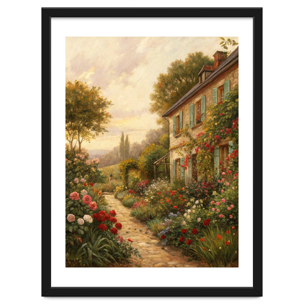 Idyllic Sunlit Cottage Garden Oil Painting