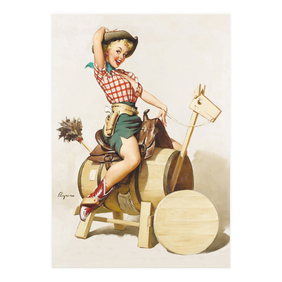 Pinup Cowgirl Riding A Wooden Horse Made Of Barrel (Print Only)