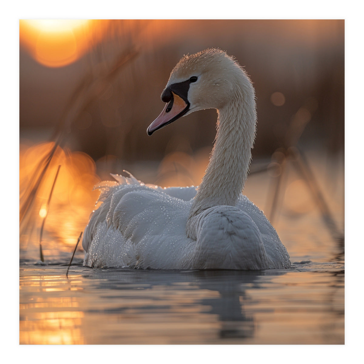 Majestic Swan Swimming At Sunrise Serene Water (Print Only)