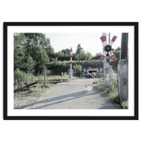 A chicken crossing a railroad