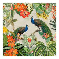 Vintage Exotic Asian Peacocks In Tropical Colorful Jungle Landscape (Print Only)