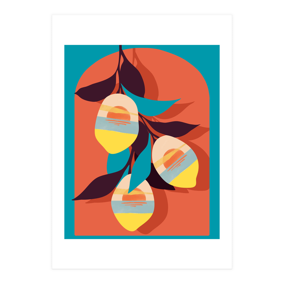 Lemon Sunset, Eclectic Botanical Colorful Bohemian Fruits, Food Pop Of Color Lime Retro (Print Only)