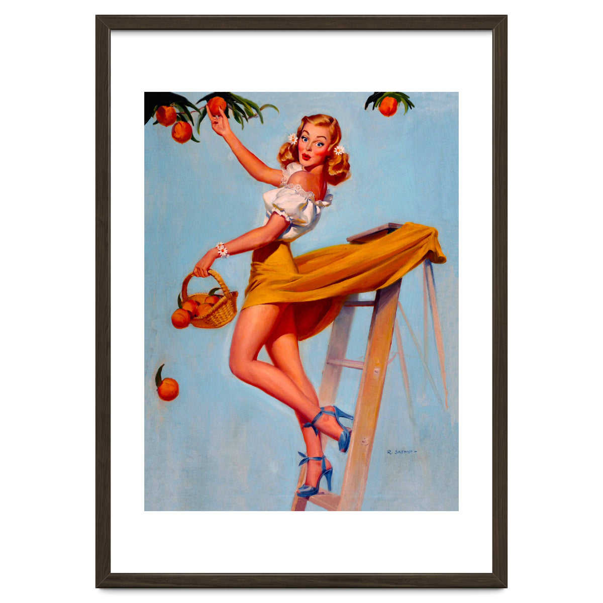 Pinup Sexy Woman Picking Oranges On A Tree Branch