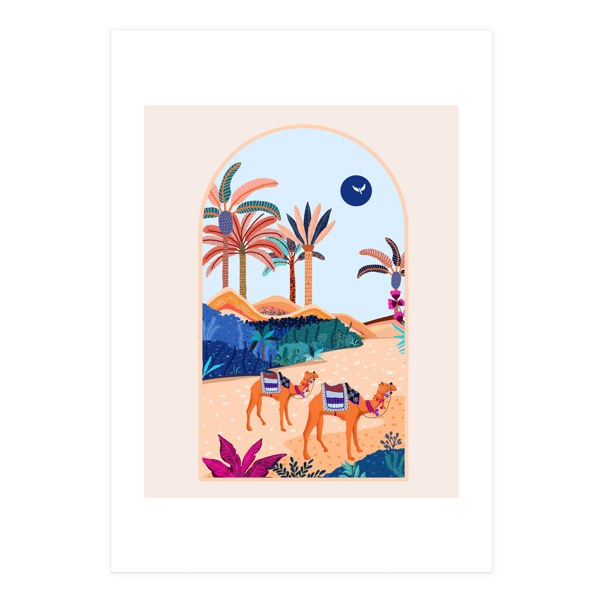 The Arabian Desert, Nature Landscape Travel Illustration, Camels Eclectic Sand Dunes Dubai Palm, Sahara Middle East Hot Summer Animals Bohemian (Print Only)