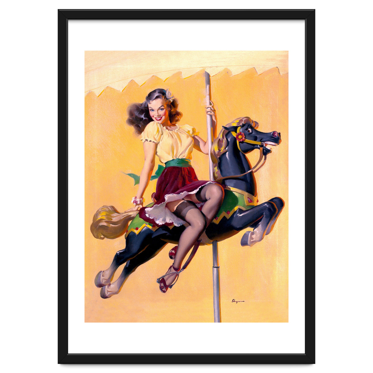 Pinup Sexy Girl Riding A Wooden Horse