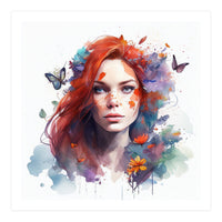 Watercolor Floral Red Hair Woman #3 (Print Only)