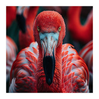 Close Up Flamingo Head With Bright Red Feathers (Print Only)